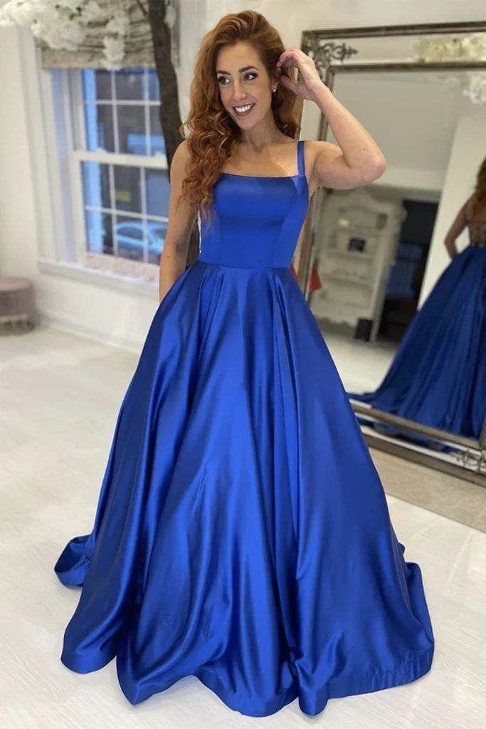 Abito lungo da cerimonia a linea semplice in raso blu reale, abito lungo blu formale per laurea e serate Y225