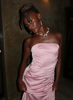 Vestido de Noite Elegante Rosa Sereia Sem Alças Plissado Vestido de Baile Y8126