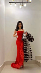 Sexy Mermaid Straps Red Prom Dress With Feathers,Long Evening Dress Y7901