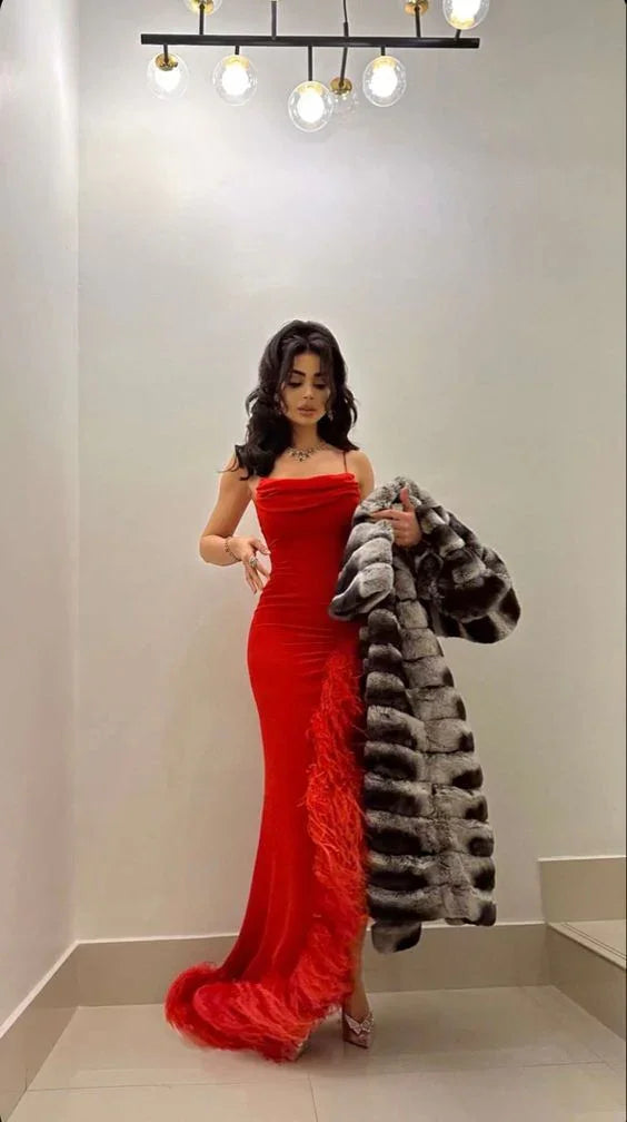 Sexy Mermaid Straps Red Prom Dress With Feathers,Long Evening Dress Y7901