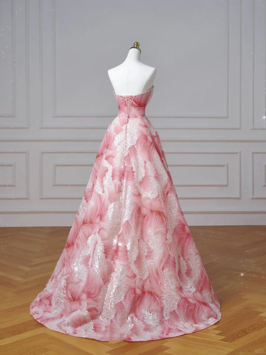 Robe de bal princesse d'anniversaire rose rêve sans bretelles en satin imprimé à sequins Y8604