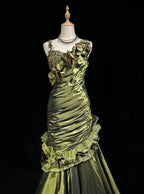 Vintage Dark Green Irregular Neckline Satin Beaded Evening Dress Ruched Mermaid Prom Dress Y8560