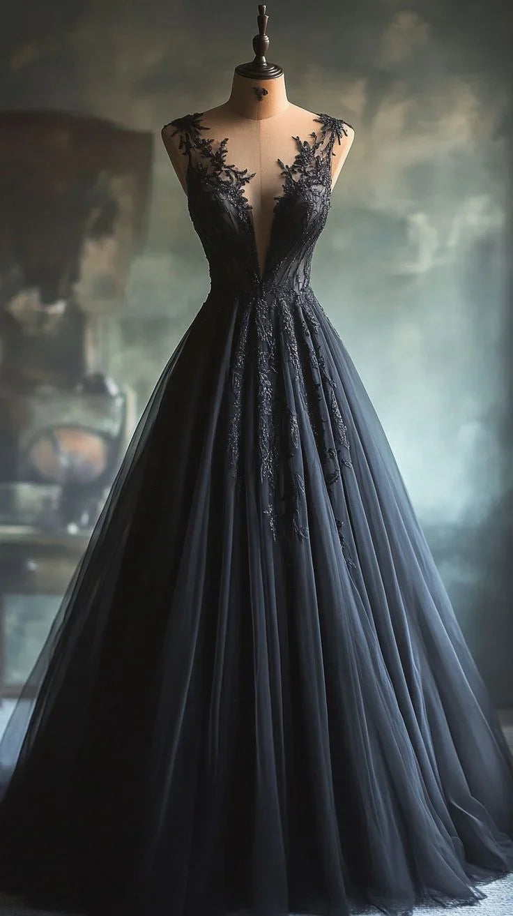 Abito da ballo con applicazioni in tulle nero elegante, vestito per compleanno e quindicenne Y7862