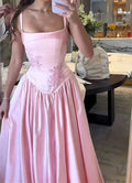 Vestido Longo de Cetim Rosa Elegante em Linha A com Alças Finas para Festa Y7820