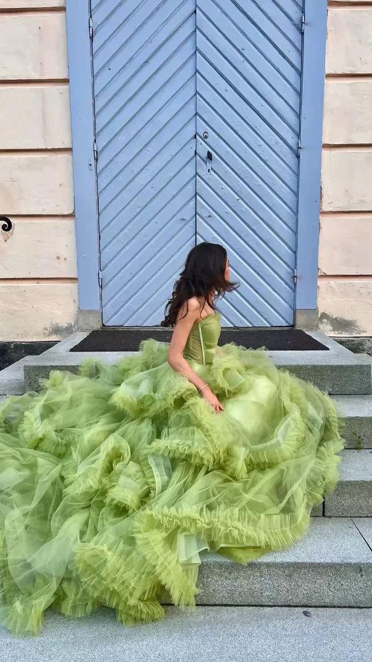 Abiti lunghi da sera in tulle verde, abiti formali da sera a linea ad A Y2029