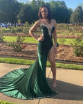 Abito da sera lungo verde velluto senza spalline sexy da ballo con spacco personalizzato donna Y1422