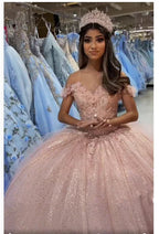 Bellissimo Abito Quinceanera Rosa Cipria con Spalle Scoperte Abito da Ballo Rosa Cipria Scintillante Y391