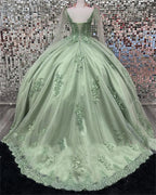 Robes de quinceañera vert sauge, robes de seize ans en dentelle avec appliques, robe de bal vert sauge Y2263