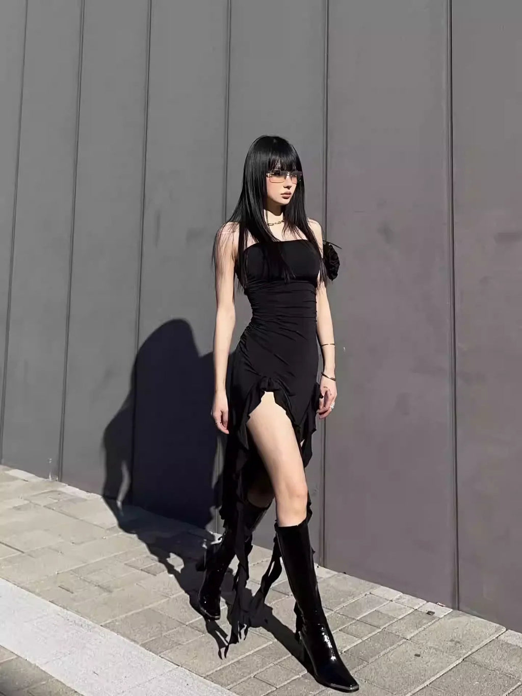 Elegante abito da festa nero senza spalline, abito da sera nero Y1929