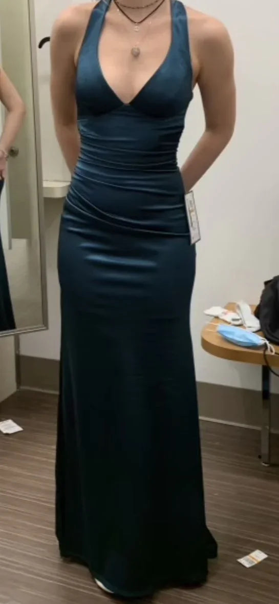 Vestido Formal Comprido Mulher Verde-azulado com Alças Cruzadas nas Costas, Cetim, Sem Mangas, Vestido de Noite Y2928