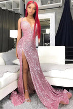 Abiti da sera rosa con paillettes economici | Abiti lunghi formali da sera sirena sexy con spacco Y978