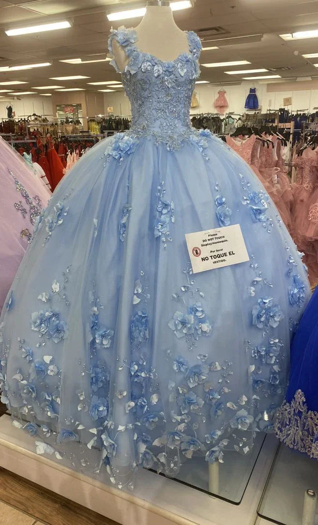 Robe de bal en tulle bleu avec fleurs en relief, robe douce seize ans bleue, robe de princesse bleue Y2340