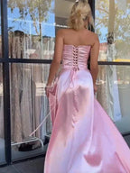 Abito da sera formale sirena rosa in raso senza spalline con perline Y7866