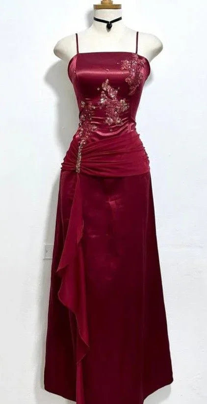 Vestido de Baile Vintage em Cetim Borgonha com Chiffon e Contas Vestido de Noite Y8448