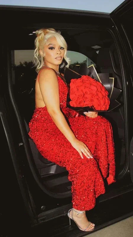 Vestido de noche rojo con lentejuelas sexy, vestido de gala rojo brillante Y2291
