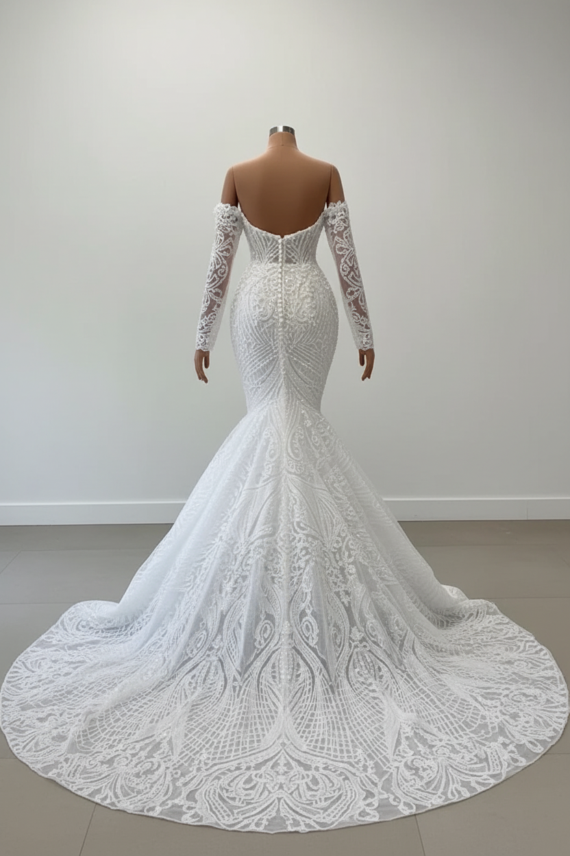 Charming Long Sleeve Mermaid Wedding Dress With Ruffles And Lace