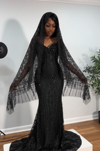 Ruby Heiress Hand Beaded Crimson Mermaid Gown With Crystal Encrusted Hooded Veil