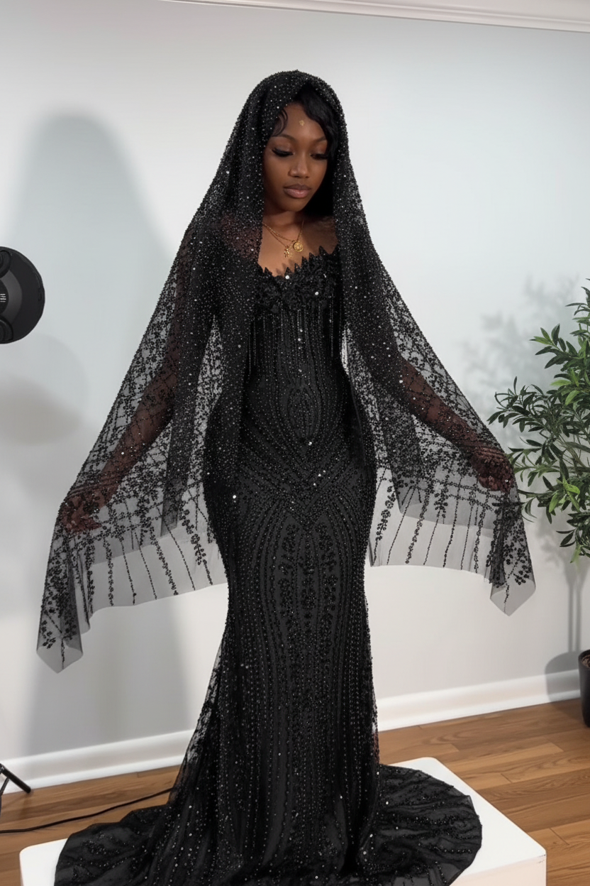 Ruby Heiress Hand Beaded Crimson Mermaid Gown With Crystal Encrusted Hooded Veil