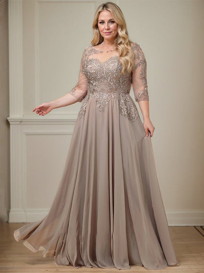 A-Linie, U-Ausschnitt, Illusion, bodenlanges Spitzen-Chiffon-Kleid für die Brautmutter mit Pailletten 
