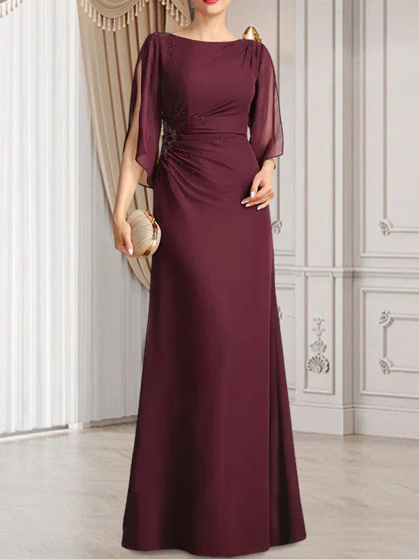 Etui/Säulenförmiges Bodenlanges Chiffonkleid für die Brautmutter mit Falten und Perlenstickerei