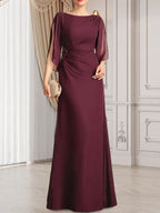 Etui/Säulenförmiges Bodenlanges Chiffonkleid für die Brautmutter mit Falten und Perlenstickerei