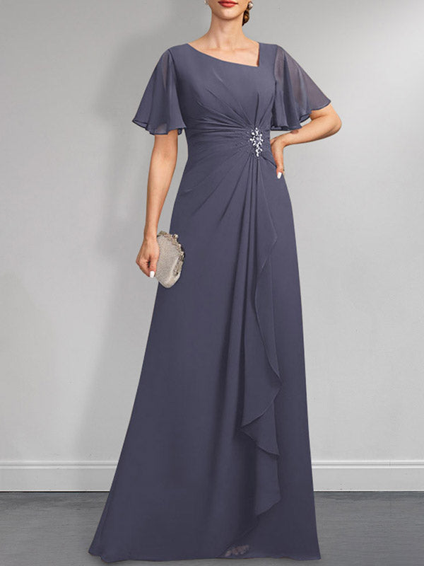 Robe de mère de la mariée en mousseline asymétrique longue jusqu'au sol, coupe en A, ornée de perles plissées et de paillettes
