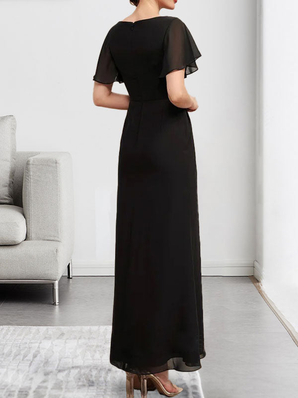 Robe de mère de la mariée en mousseline, longueur cheville, en ligne A, encolure dégagée, ornée de perles et plissée