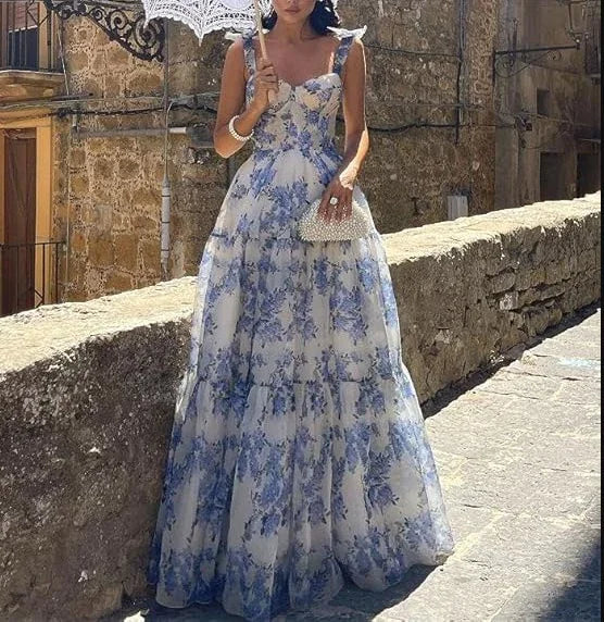 Robe longue de bal à imprimé floral bleu en ligne A Robe de soirée bleue Y2560