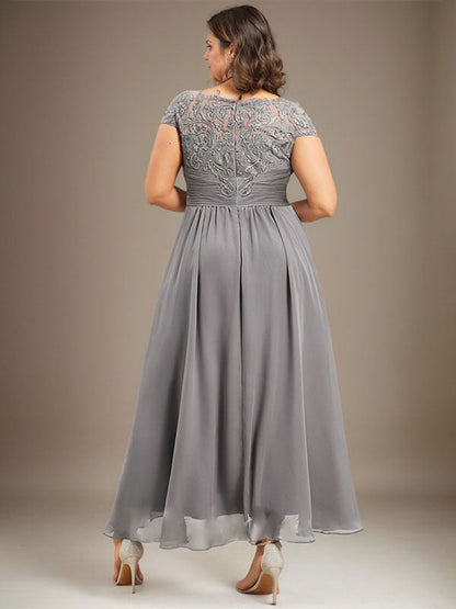 A-Linie U-Ausschnitt Illusion Asymmetrische Spitze Chiffon Mutter der Braut Kleid Mit Plissee 