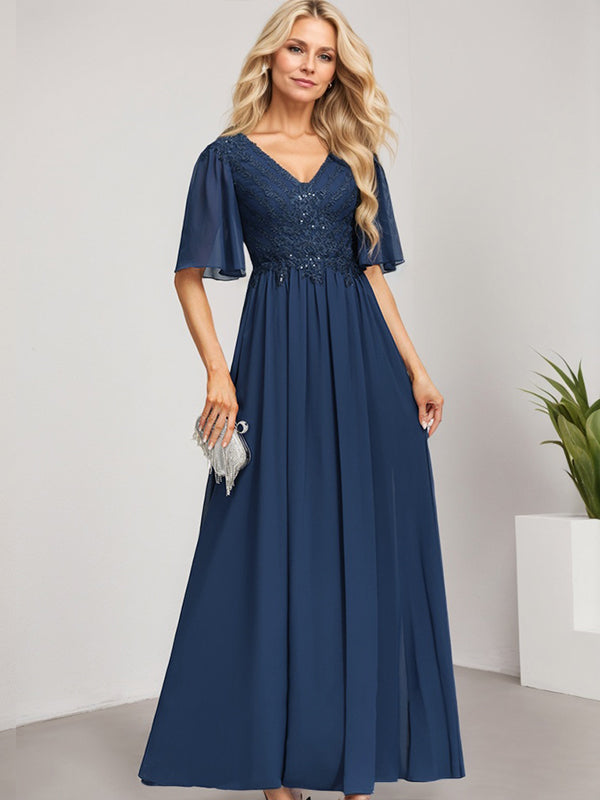 Robe de mère de la mariée en mousseline de soie à dentelle, longueur au sol, en ligne A, col en V, ornée de paillettes