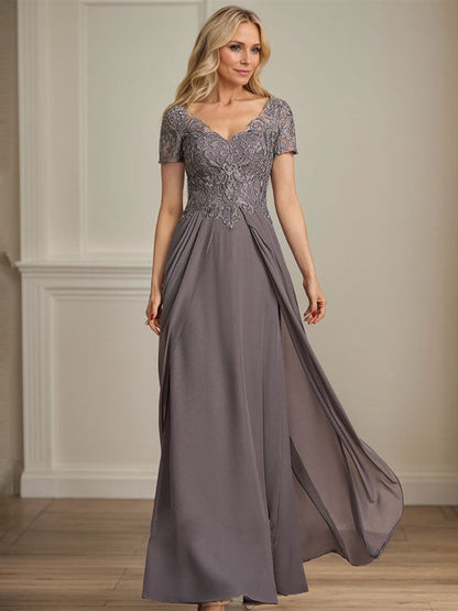 A-Linie V-Ausschnitt Bodenlanges Chiffon-Spitzenkleid für die Brautmutter