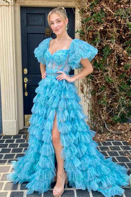 Roycebridal Alessia | Vestido de fiesta de tul estampado multicapa con corte A y abertura