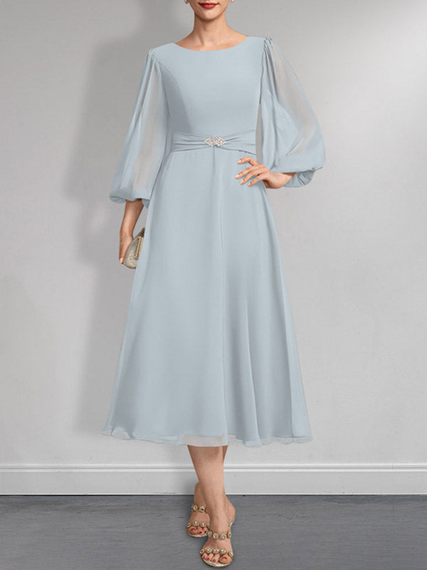 A-Linie U-Ausschnitt Wadenlang Chiffon Mutter der Braut Kleid Mit Kristall Brosche Plissee