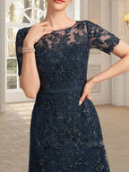 A-Linie, U-Ausschnitt, Illusion, knielang, Spitze, Kleid für die Brautmutter mit Pailletten