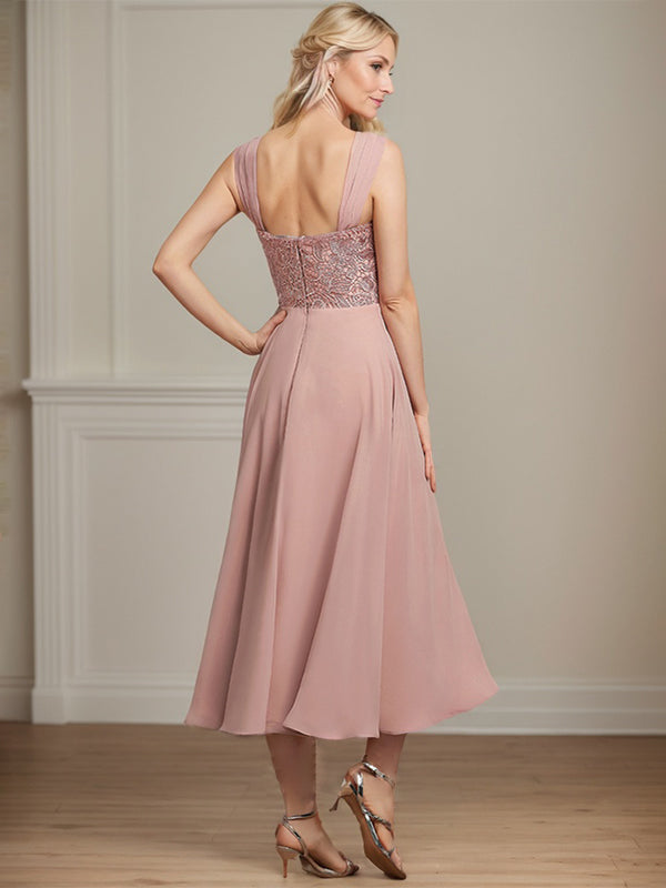 A-Linie Quadratisches Wadenlanges Chiffon-Spitzenkleid für die Brautmutter mit Pailletten und Perlen 