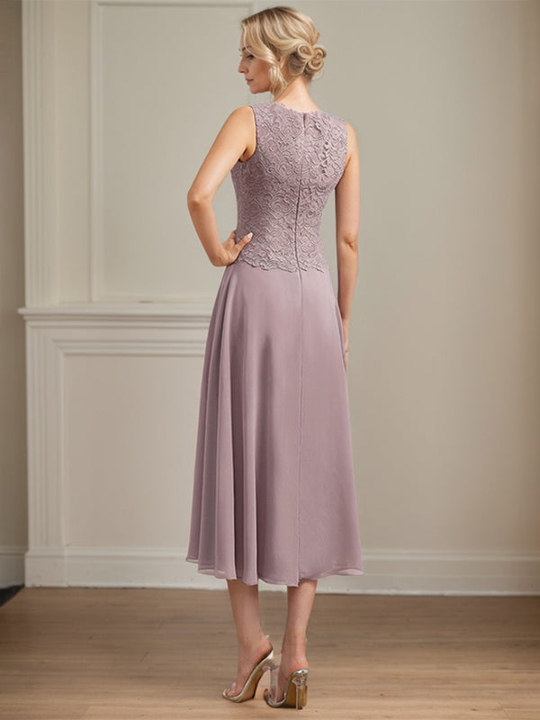 A-Linie U-Ausschnitt Wadenlang Chiffon-Kleid für die Brautmutter 