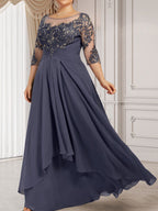 Robe de mère de la mariée en dentelle et mousseline, longueur au sol, ligne en A, décolleté en U avec volants en cascade