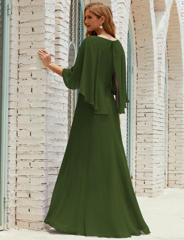 Abito da Damigella Donna Manica Lunga Scollatura a V Chiffon Abito da Cerimonia Matrimonio Festa 28018
