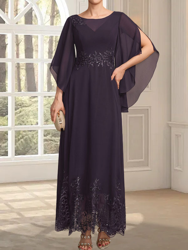 A-Linie, U-Ausschnitt, Illusion, knöchellang, Spitzen-Chiffon, Kleid für die Brautmutter mit Pailletten 