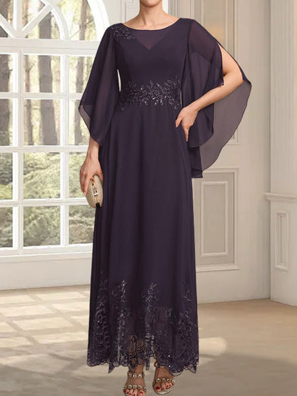 A-Linie, U-Ausschnitt, Illusion, knöchellang, Spitzen-Chiffon, Kleid für die Brautmutter mit Pailletten 