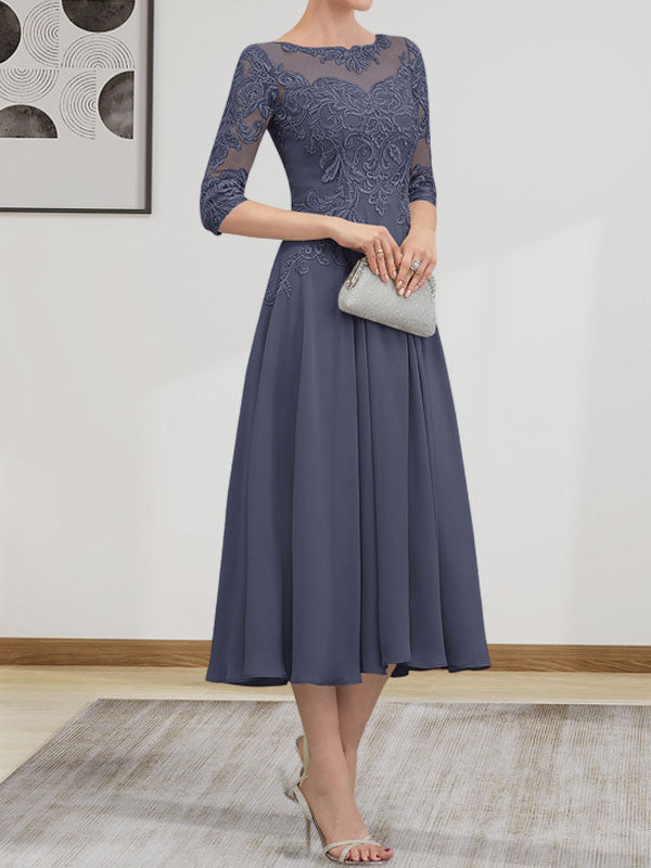 A-Linie, U-Ausschnitt, Illusion, knielang, Chiffon, Spitze, Kleid für die Brautmutter mit Perlen und Pailletten