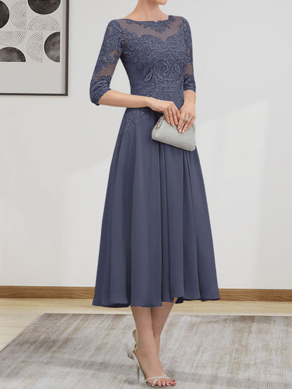 A-Linie, U-Ausschnitt, Illusion, knielang, Chiffon, Spitze, Kleid für die Brautmutter mit Perlen und Pailletten