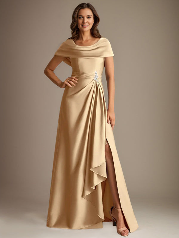 Robe de mère de la mariée en satin extensible, longueur au sol, coupe en A avec encolure dégagée et volants en cascade