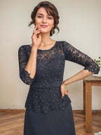 Robe de mère de la mariée en dentelle en mousseline, longueur cheville, coupe trapèze, décolleté illusion en forme de goutte, ornée de perles en strass