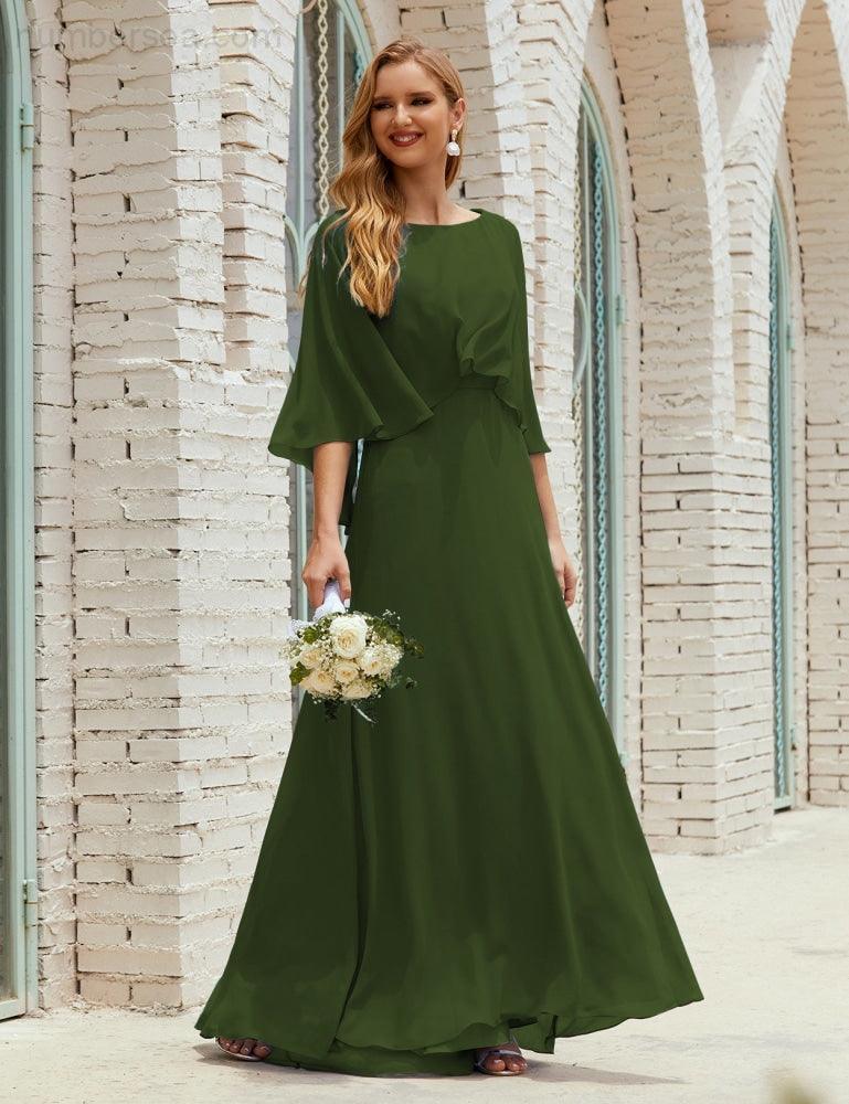 Abito da Damigella Donna Manica Lunga Scollatura a V Chiffon Abito da Cerimonia Matrimonio Festa 28018