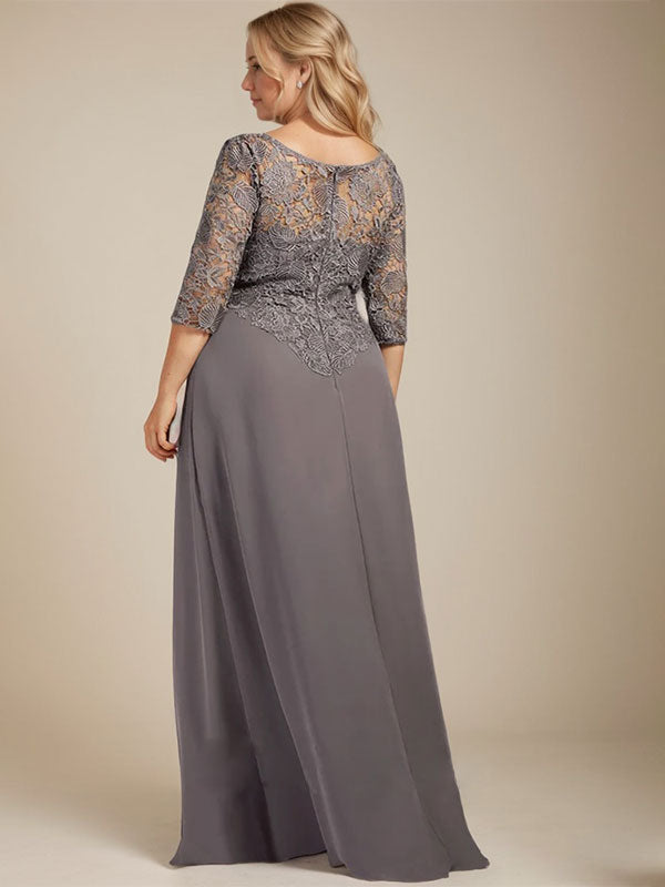 Robe de mère de la mariée en dentelle et mousseline, longueur au sol, coupe en A, décolleté illusion en forme de goutte, avec volants en cascade