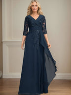 Abito da madre della sposa in chiffon di pizzo a linea ad A, con collo, scollo a V, lunghezza fino al pavimento, paillettes e balze a cascata