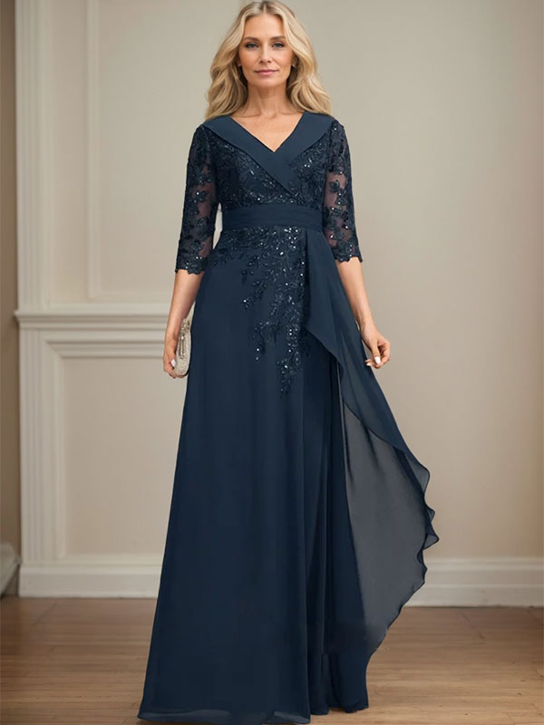 Abito da madre della sposa in chiffon di pizzo a linea ad A, con collo, scollo a V, lunghezza fino al pavimento, paillettes e balze a cascata
