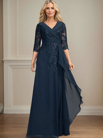 Vestido de madre de la novia de gasa con encaje, escote en V, corte A y largo hasta el suelo, con lentejuelas y volantes en cascada 