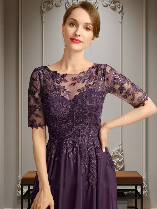 Robe de mère de la mariée en mousseline et dentelle asymétrique illusion à encolure dégagée, coupe en A, ornée de paillettes
